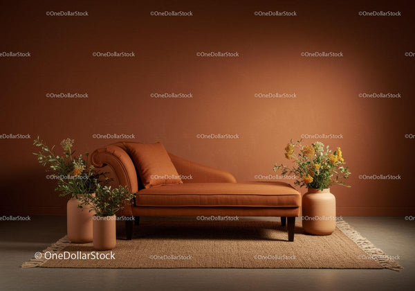 Cozy earthy chaise lounge with floral decor in warm room
