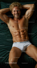 Smiling fit man relaxing on dark green bed linens