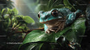 Green Frog Resting on Leaf in Tropical Rainforest Scene