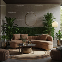 Cozy modern living room with natural textures and plants