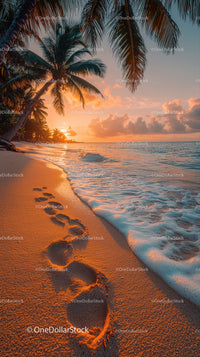 Sunset Over Tropical Beach with Palm Trees and Clear Ocean Water