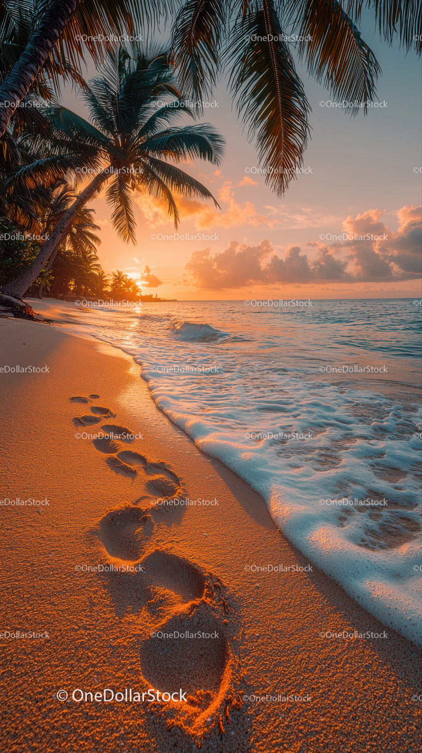 Sunset Over Tropical Beach with Palm Trees and Clear Ocean Water