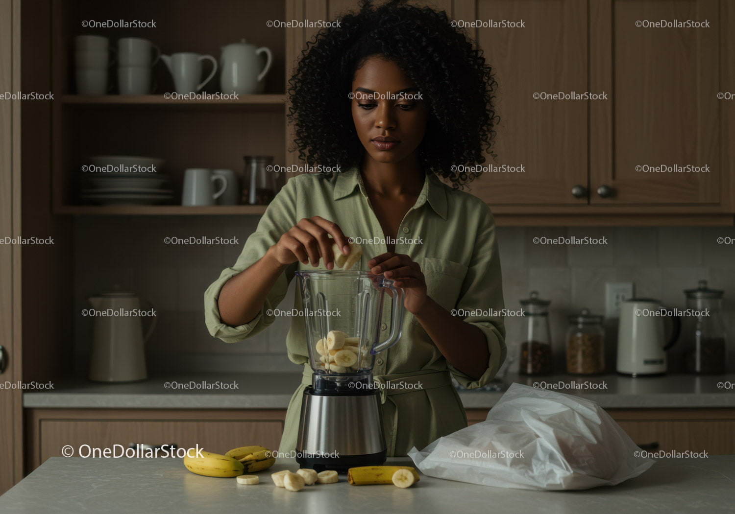 Black Woman Blending Bananas into Smoothie in Modern Kitchen