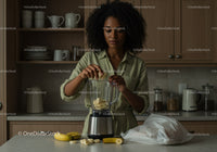 Black Woman Blending Bananas into Smoothie in Modern Kitchen