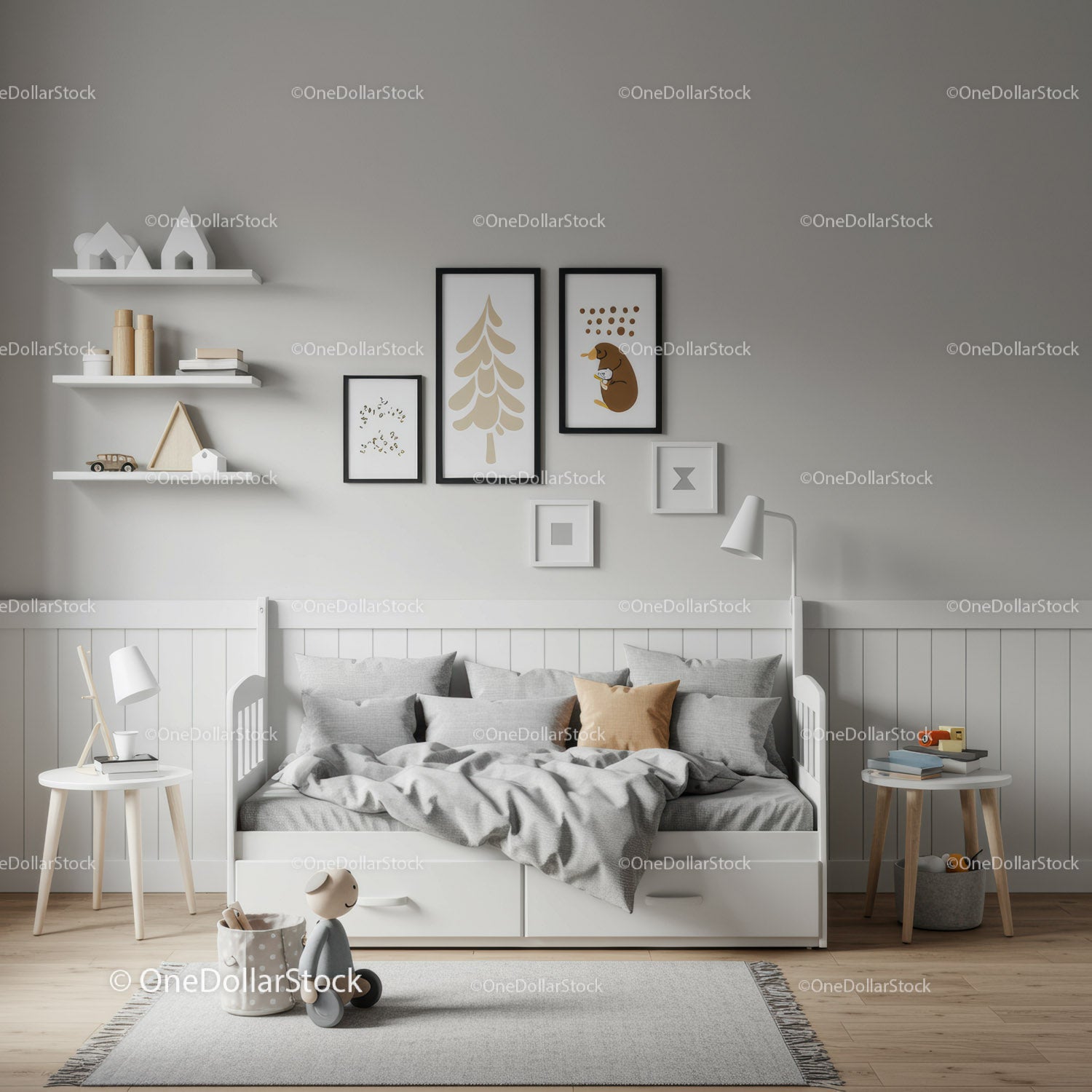 Nowoczesny pokój dziecięcy z białym łóżkiem i minimalistyczną grafiką ścienną