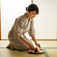 Woman in traditional kimono serving rice ball on tray