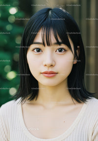 Young Woman with Black Hair and Clear Skin in Outdoor Portrait