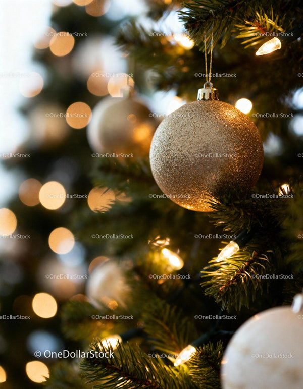 Golden ornament hanging on illuminated Christmas tree
