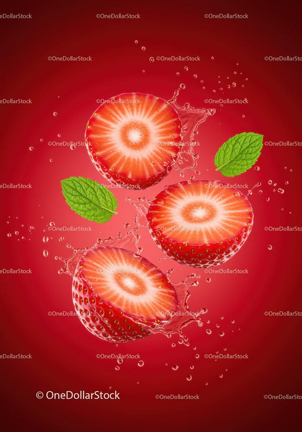 Fresh strawberry slices splashing with mint leaves