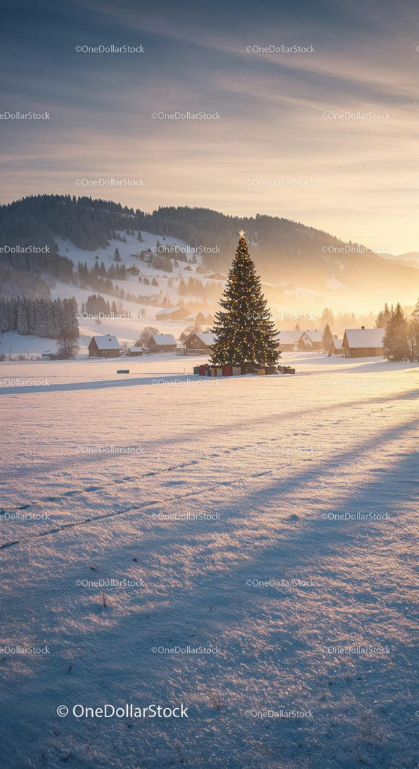 Christmas Tree with Lights in Snowy Mountain Village