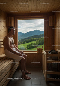 Man Relaxing in Wooden Sauna with Mountain and Forest View