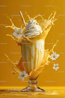Creamy Vanilla Ice Cream with Orange Juice Splash and White Flowers