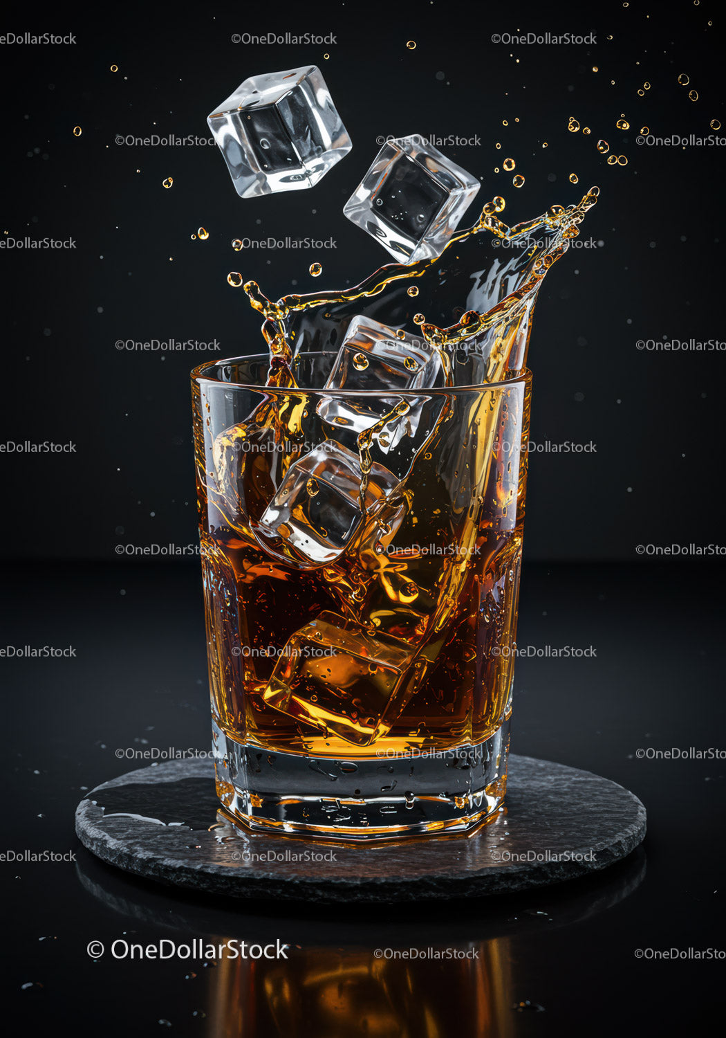 Whisky rozpryskująca się z kostkami lodu w szklance na łupku
