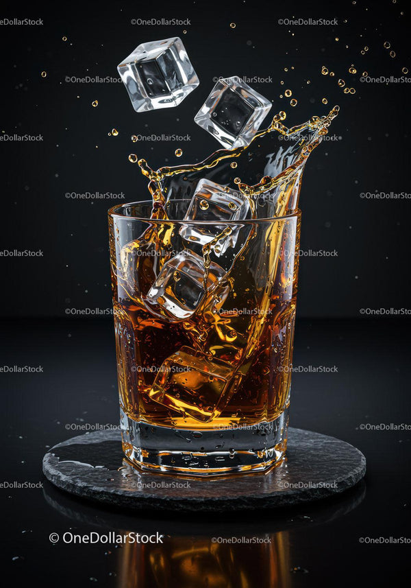 Whiskey Splashing with Ice Cubes in Glass on Slate