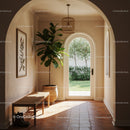 Sunlit Entrance Hall with Green Plant and Wooden Bench