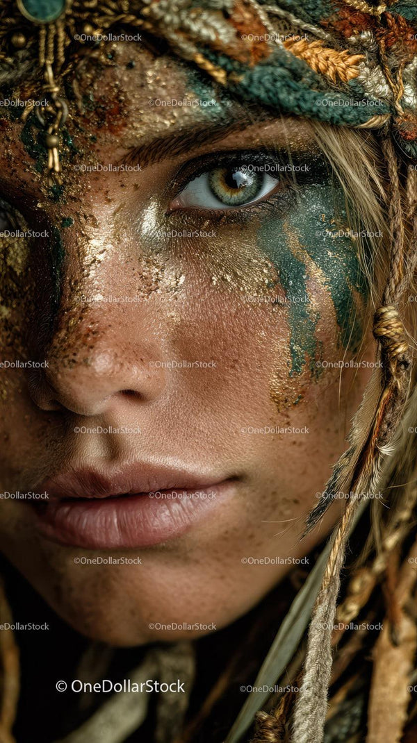 Close-Up of Artistic Tribal Face Paint with Green and Gold Accents