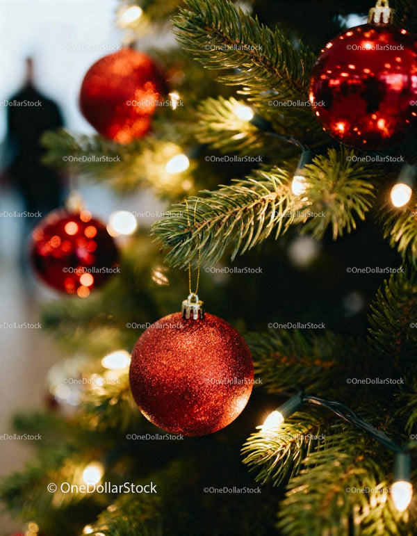Red Christmas Baubles Hanging on Festive Tree