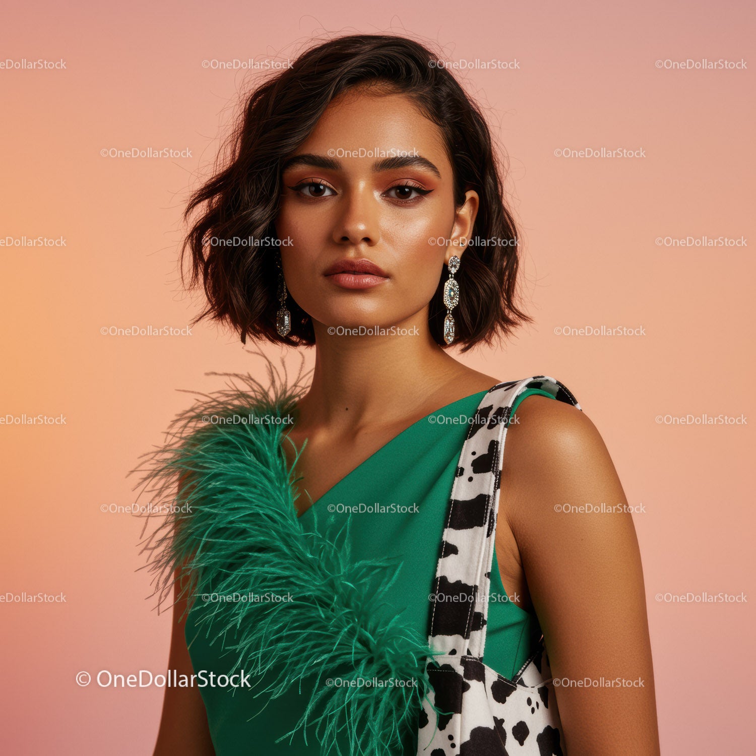 Elegant Woman in Green Dress with Statement Earrings and Fashion Accessories