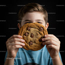 Child hiding face behind oversized chocolate chip cookie