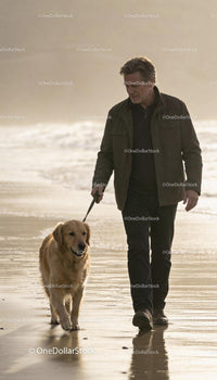 Mature man walking golden retriever on calm beach