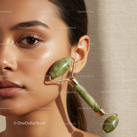 Close-up of an Asian Woman Using Jade Roller for Skincare Rejuvenation