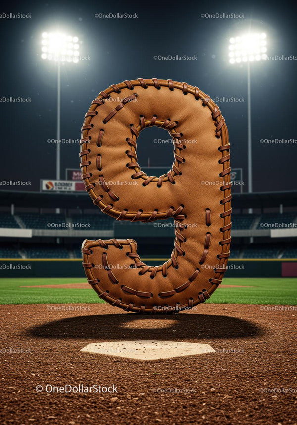 Cyfra dziewięć uformowana ze sznurowadeł ze skórzanej rękawicy baseballowej