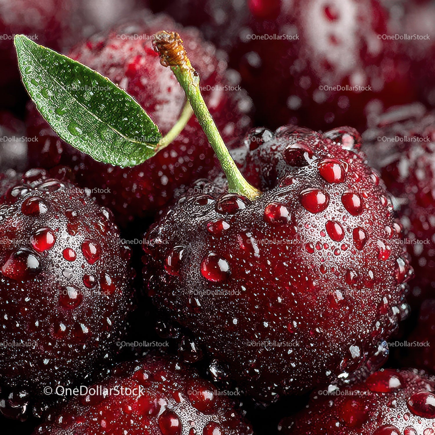 Close-up of Juicy Ripe Black Cherries with Dew Drops