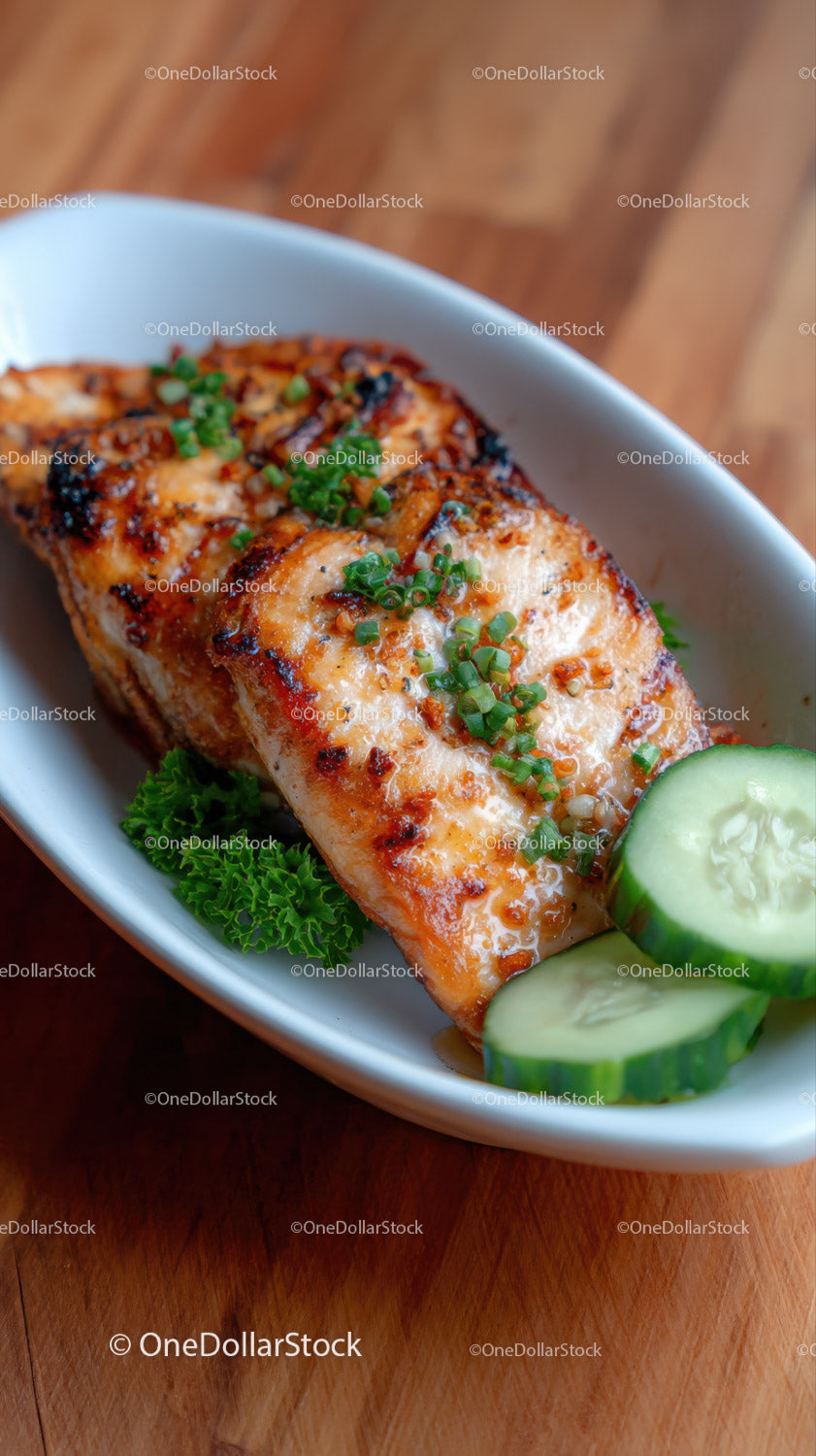 Grilled Salmon with Cucumber Slices on White Ceramic Plate