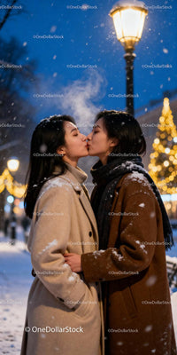 Couple sharing a tender kiss in snowy winter evening