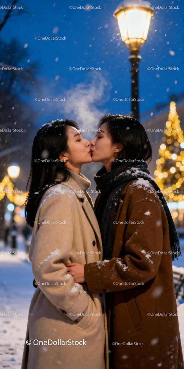 Couple sharing a tender kiss in snowy winter evening