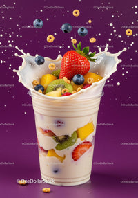 Fresh fruit parfait with yogurt splash on purple background