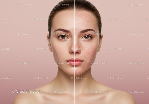 Young Woman With Clear Skin Showing Acne Before and After Skin Treatment