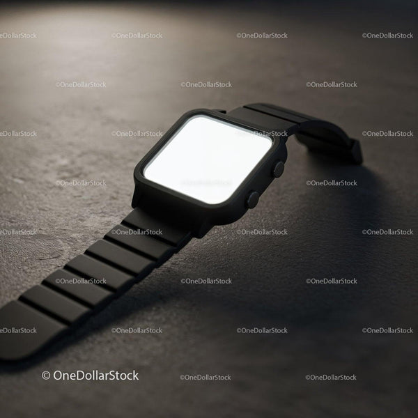Modern black smartwatch with blank screen on gray surface JPG Mockup Image