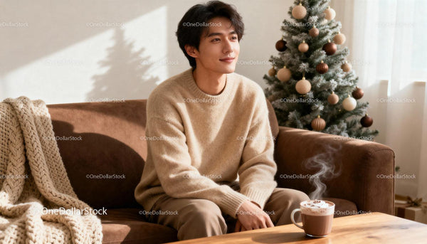Young man enjoying cozy winter morning by the Christmas tree