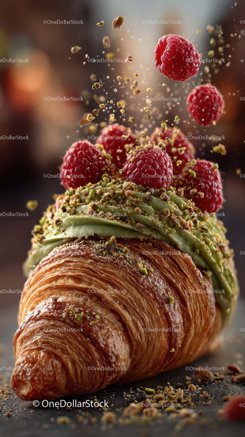 Świeży croissant z malinami, pistacjami i kremem z zielonej herbaty