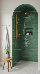 Minimalist shower niche with emerald green tiles and gold fixtures