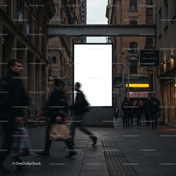 Busy urban street with blank advertising billboard JPG Mockup Image