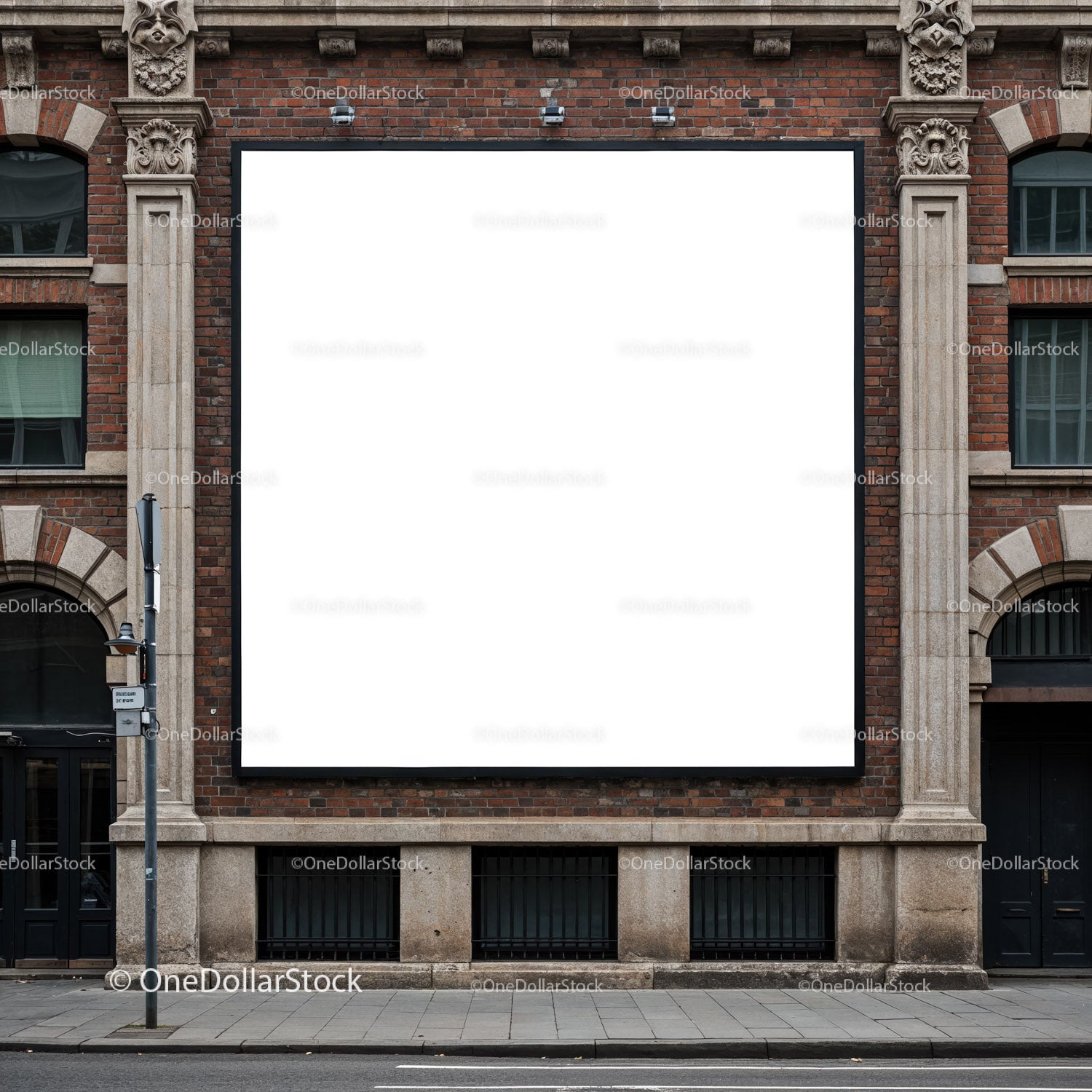 Blank billboard on vintage brick building facade