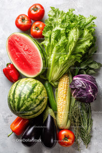 Assorted Fresh Vegetables and Fruit Display with Watermelon
