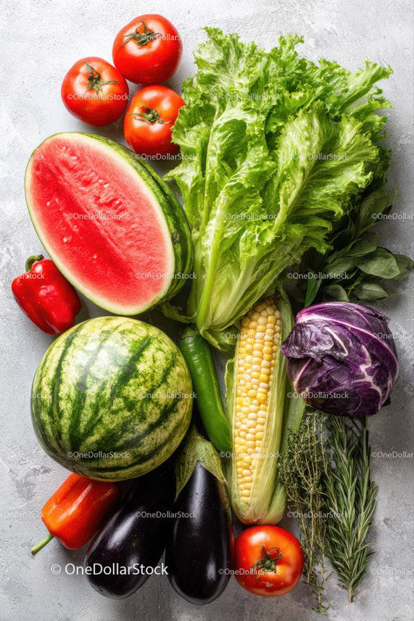 Assorted Fresh Vegetables and Fruit Display with Watermelon