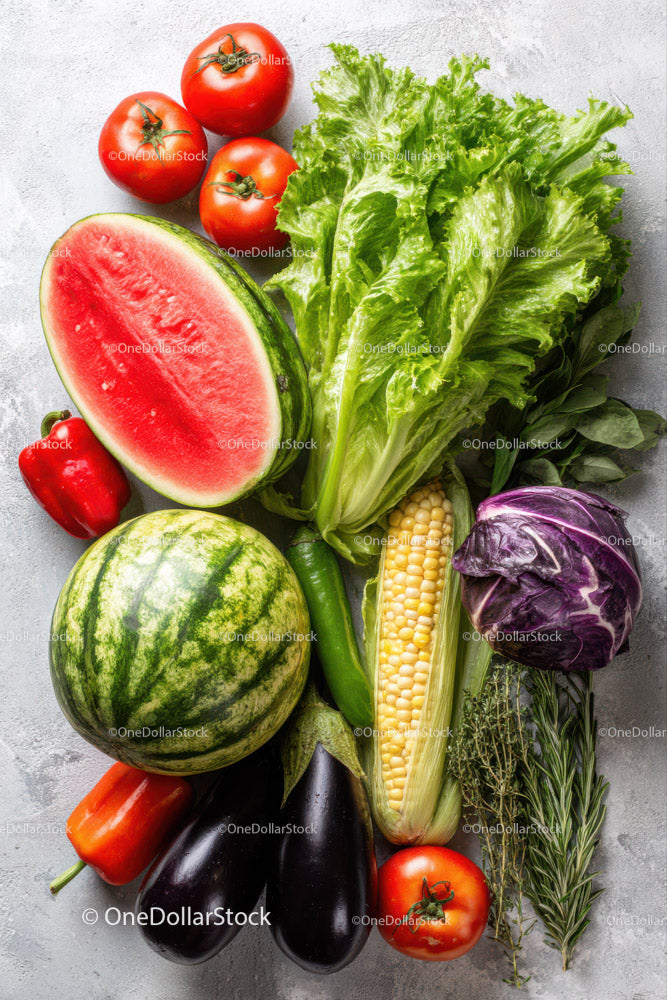 Assorted Fresh Vegetables and Fruit Display with Watermelon