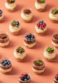 Assortment of layered desserts with fresh berries in jars