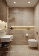 Elegant Modern Bathroom with Beige Tiles and Wooden Accents