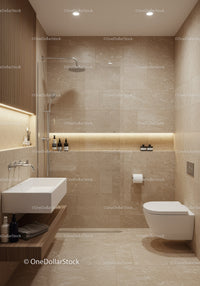 Elegant Modern Bathroom with Beige Tiles and Wooden Accents