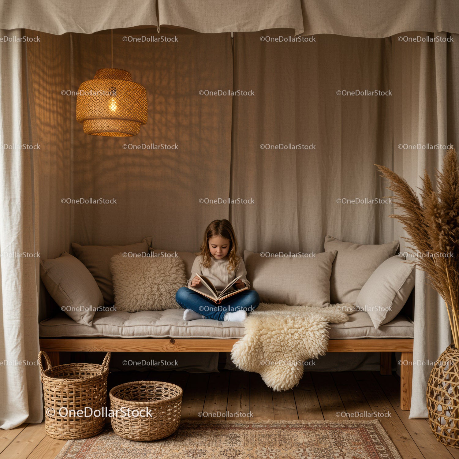 Cozy corner with child reading on cushioned bench