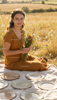 Young woman in brown dress holding wildflowers outdoors