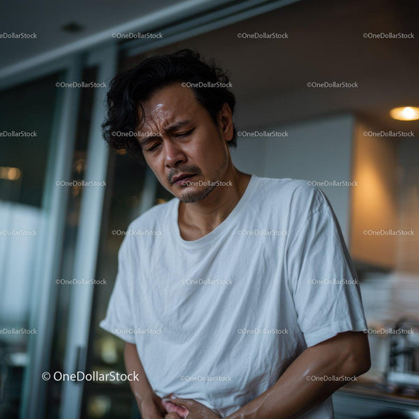 Man Experiencing Abdominal Pain in Casual Indoor Setting