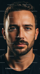 Thoughtful young man with beard looking into camera