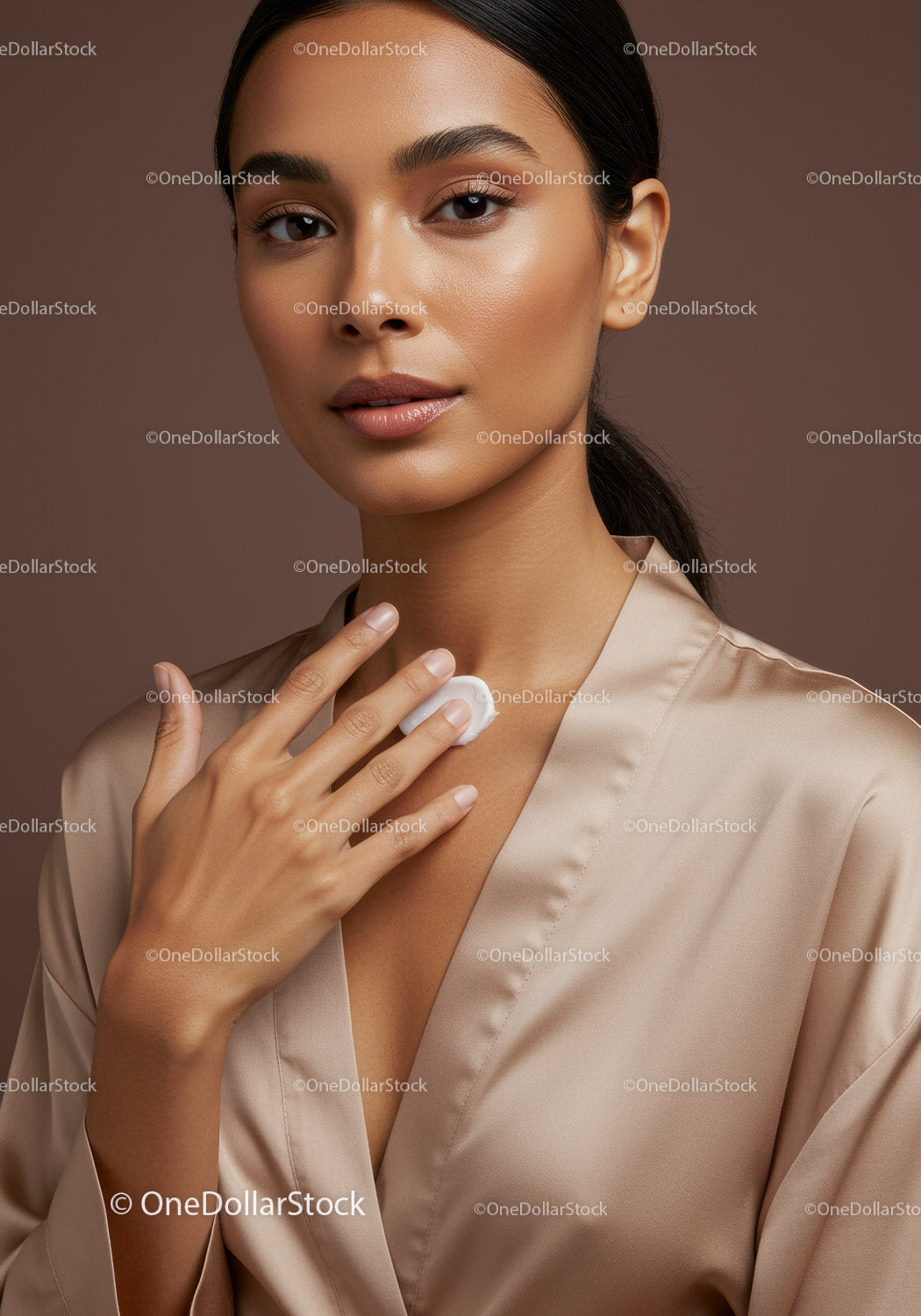 Elegant Woman with Flawless Skin Touching Neck in Beautiful Portrait