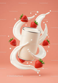 Creamy yogurt can surrounded by fresh strawberries